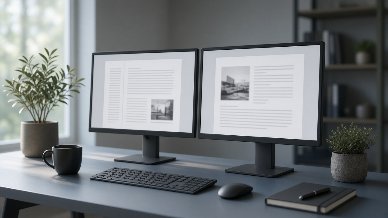 Workspace monitors showing document pages